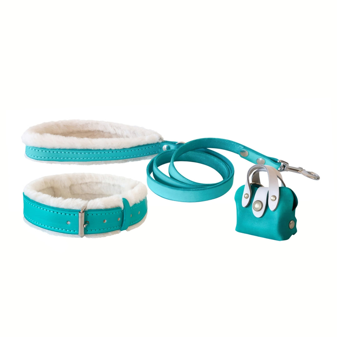Coastal Charm Fur and Leather Collar, Leash, and Accessory Set