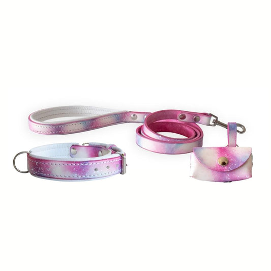 Cotton Candy Leather Collar, Leash, and Accessory Set