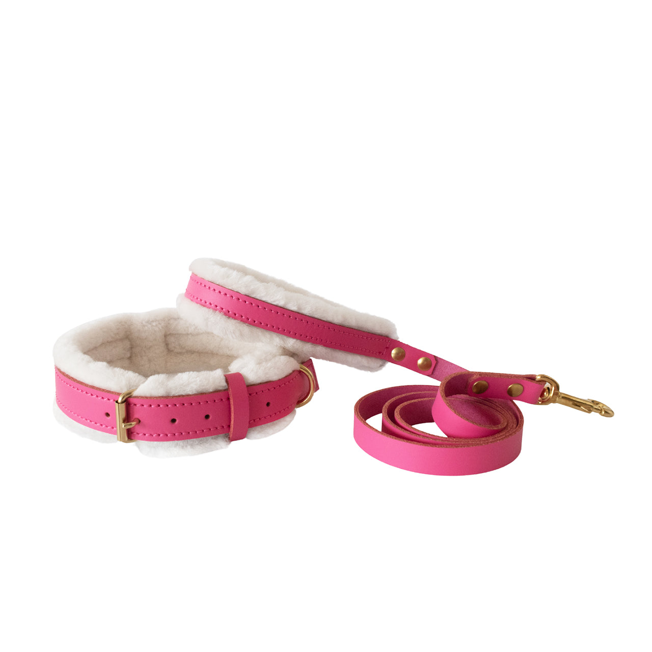Pretty in Pink Fur and Leather Collar, Leash, and Accessory Set